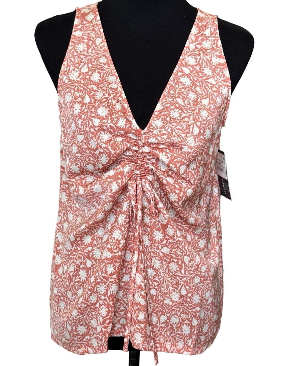 New ~ MELROSE and MARKET ~ Pink/Ivory Dove Bali Floral Cinched Front Top Size S - Picture 1 of 5